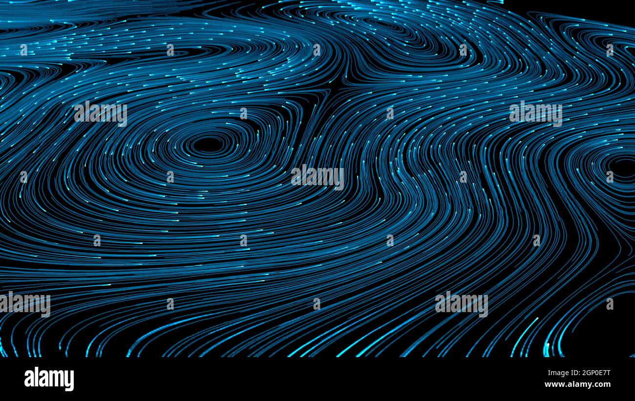 Big Data Sci-Fi abstrakter Hintergrund mit Partikeln auf optischen Glasfasernetzwerken, die Server verbinden. Cyberspace, Internet oder Innovationskonzept. Stockfoto