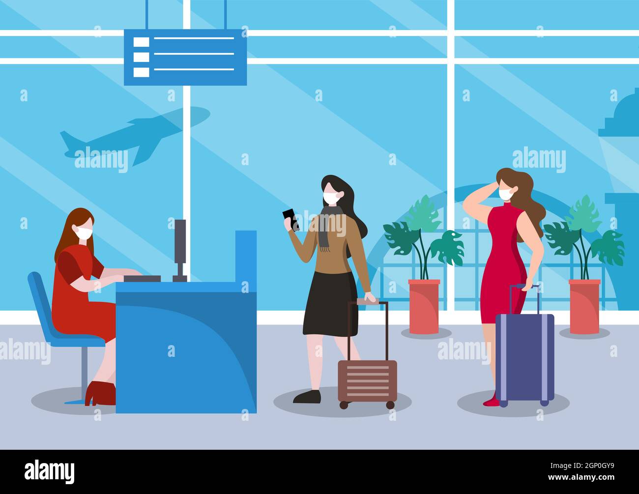 New norma, Vektor-Illustration Menschen in Masken beobachten soziale Distanzierung im Innenflughafen, Check-in Line und Queue Travel Flat Design. Stock Vektor