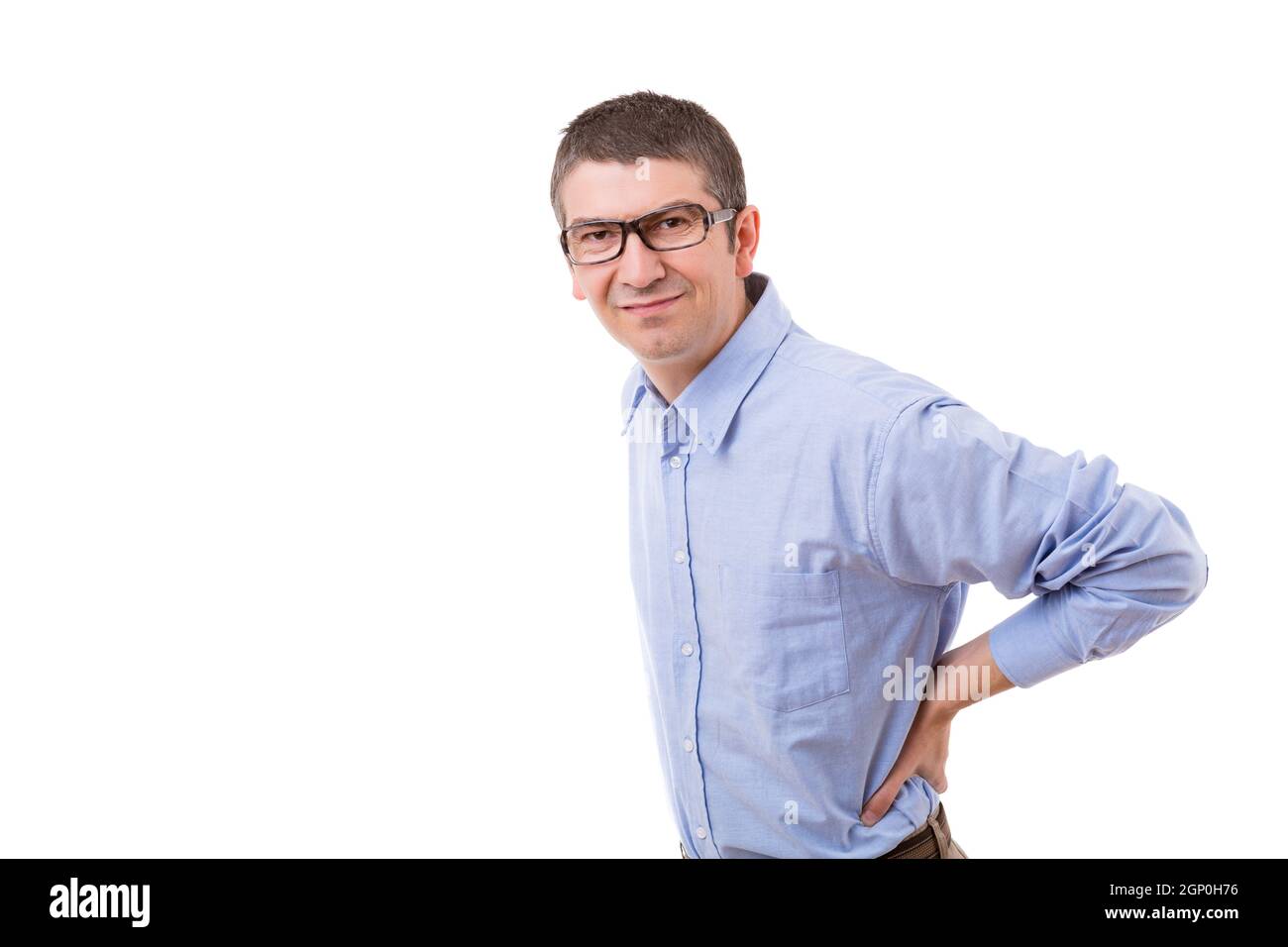 Geschäftsmann, leiden unter Rückenschmerzen, isoliert auf weiß Stockfoto