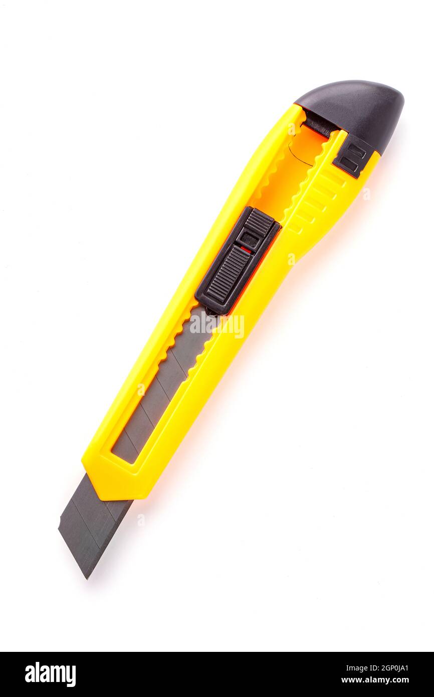 Die gelbe feststehenden Messer auf weißem Hintergrund Stockfoto