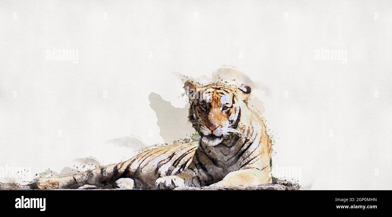 Der Tiger liegt auf einem Holzbalken. Aquarellmalerei. Stockfoto