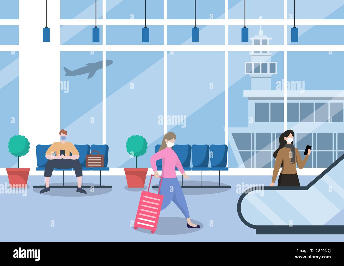 New norma, Vektor-Illustration Menschen in Masken stehen auf Rolltreppe Flughafen Interior Terminal, Business Travel Konzept. Flaches Design. Stock Vektor