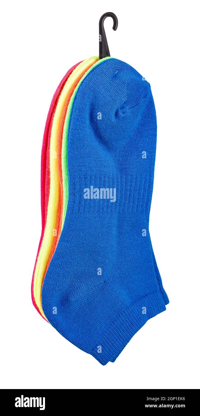Farbenfrohe Socken auf weißem Hintergrund Stockfoto