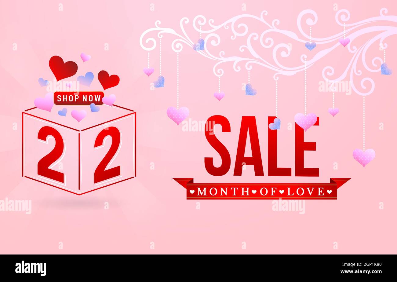 2.2 Verkauf, 2.2 Online-Verkauf, Monat der Liebe Verkauf, Geschenk-Box und Liebe mit Ornament Wirbel Liebe Nummer Zeichen rot Band mit isoliertem Hintergrund, für Poster, Flyer, Social-Media-Banner, Label-Promotion-Shop Stock Vektor