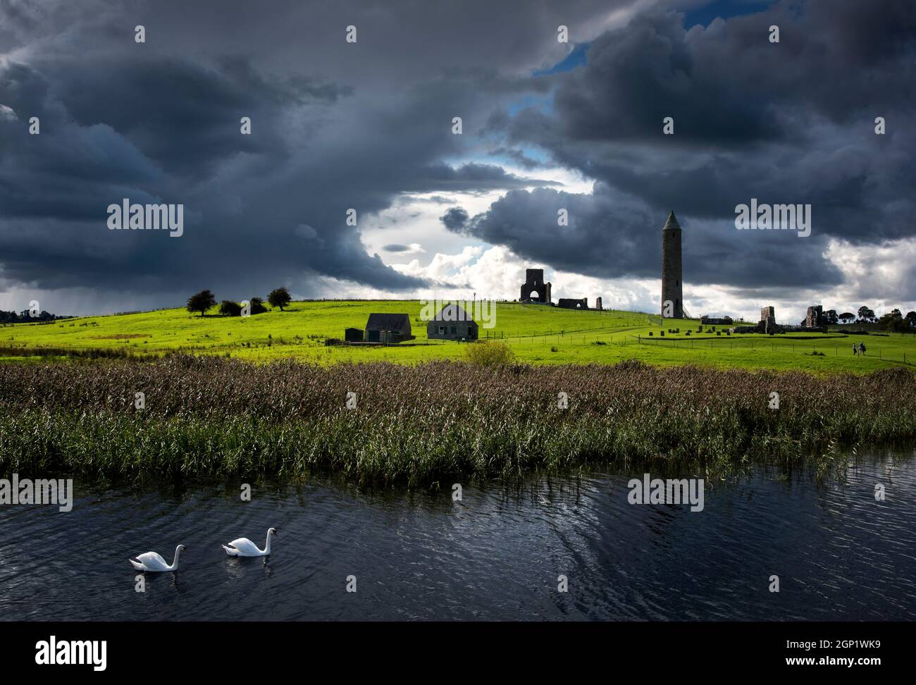 Zwei Schwäne gleiten am Lower Lough Erne in der Grafschaft Fermanagh, Nordirland, vorbei an Devenish Island Stockfoto