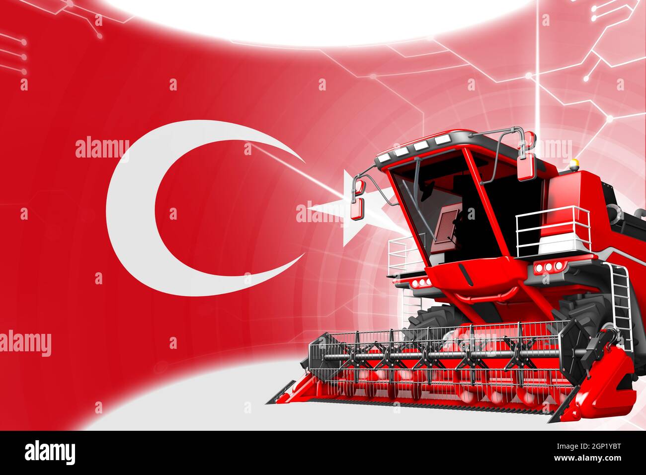 Agrarinnovationskonzept, Red Advanced Grain Combine Harvester auf Türkei-Flagge - digitale industrielle 3D-Illustration Stockfoto