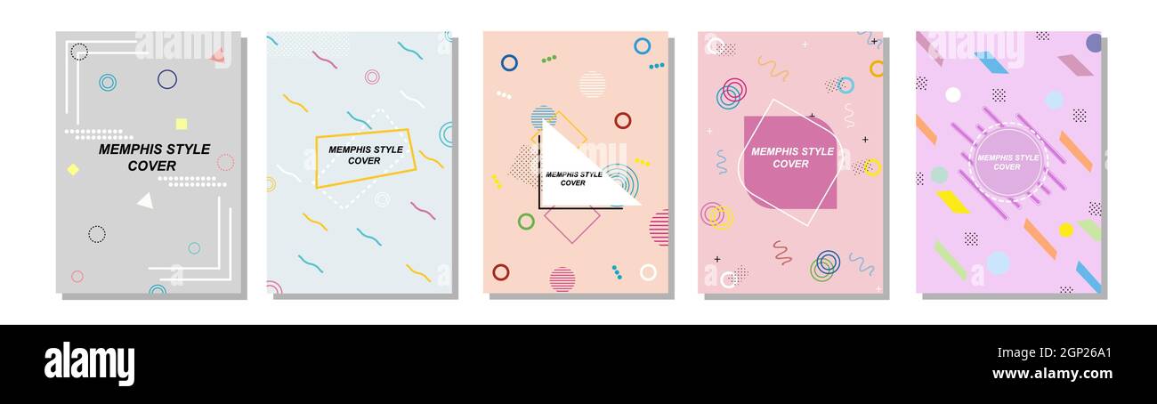 Set von Memphis Style Abdeckungen. Flache Vektorgrafiken für Hintergrund, Broschüren, Poster und Banner. Stock Vektor