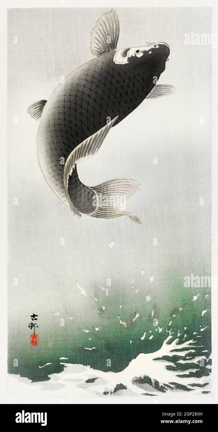 Springende Karpfen (1900 - 1930) von Ohara Koson (1877-1945). Stockfoto