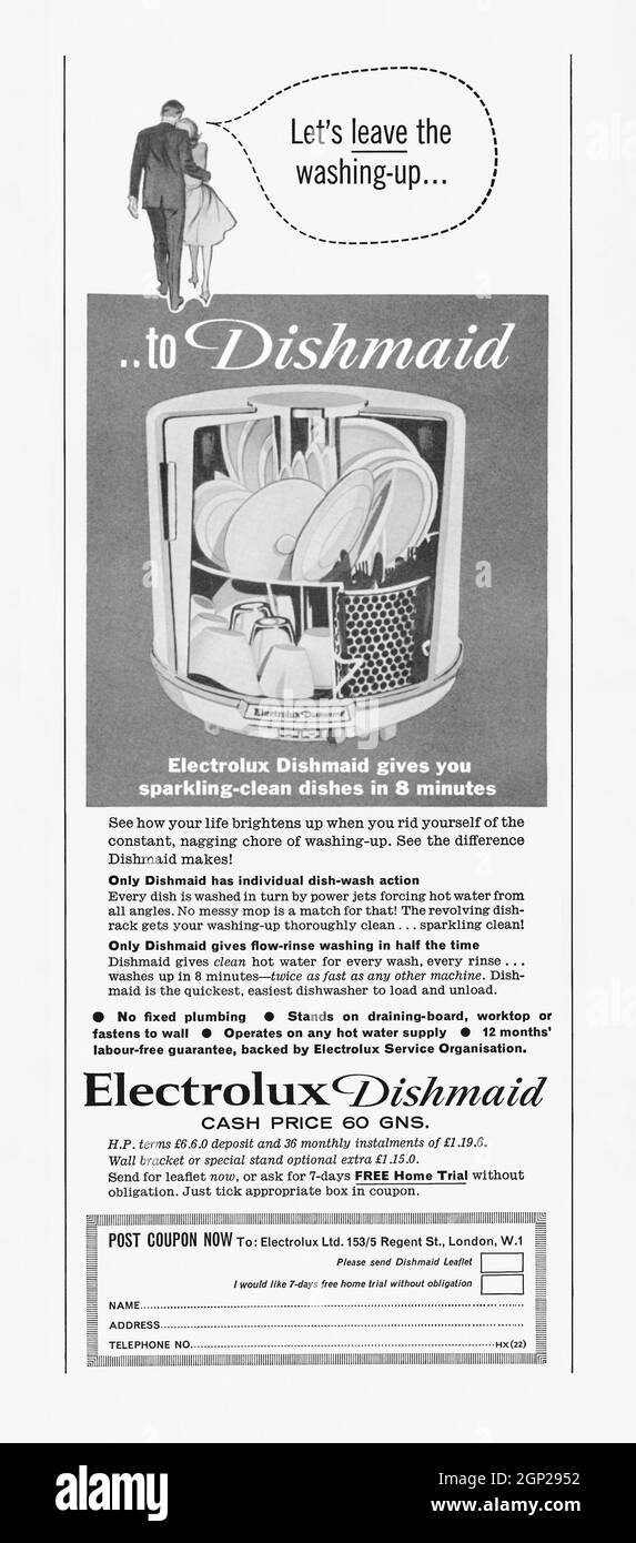 Ein Werbespot aus den 1960er Jahren für eine Electrolab ‘Dishmaid’, ein kleines Spülgerät auf der Arbeitsplatte. Die Anzeige erschien in einer Zeitschrift, die im Oktober 1962 in Großbritannien veröffentlicht wurde. Der Geschirrspüler funktionierte mit hoher Geschwindigkeit und ohne dass er mit einem Schlauchanschluss an einen Warmwasserhahn angeschlossen werden musste. Die 1919 gegründete Electroluc ab, allgemein Electroluc, ist ein schwedischer multinationaler Hersteller von Haushaltsgeräten mit Hauptsitz in Stockholm – klassische Grafiken aus den 1960er Jahren. Stockfoto