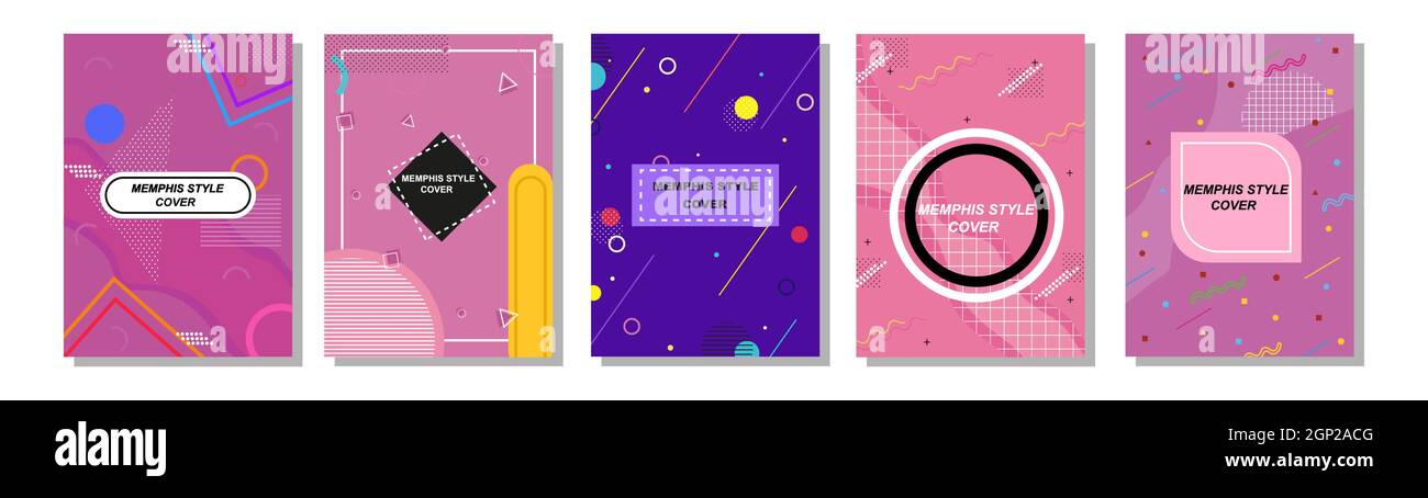 Set von Memphis Style Abdeckungen. Flache Vektorgrafiken für Hintergrund, Broschüren, Poster und Banner. Stock Vektor