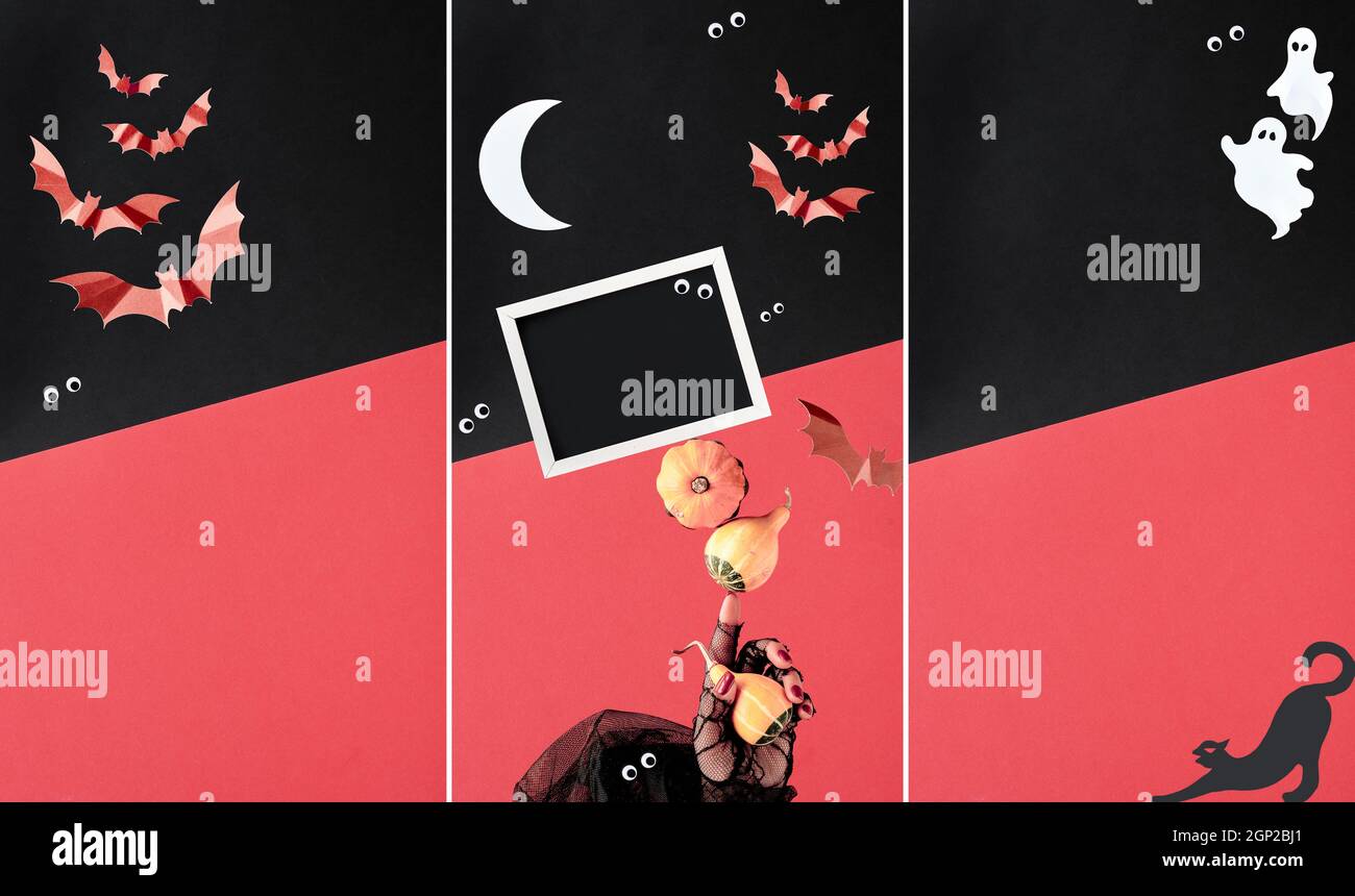 Drei Halloween Hintergründe für Social-Media-Geschichten in rot, schwarz, weiß. Vertikale Vorlagen. Papiersilhouetten von Fledermäusen, schwarzen Katzen, Geistern, Spinnen Stockfoto