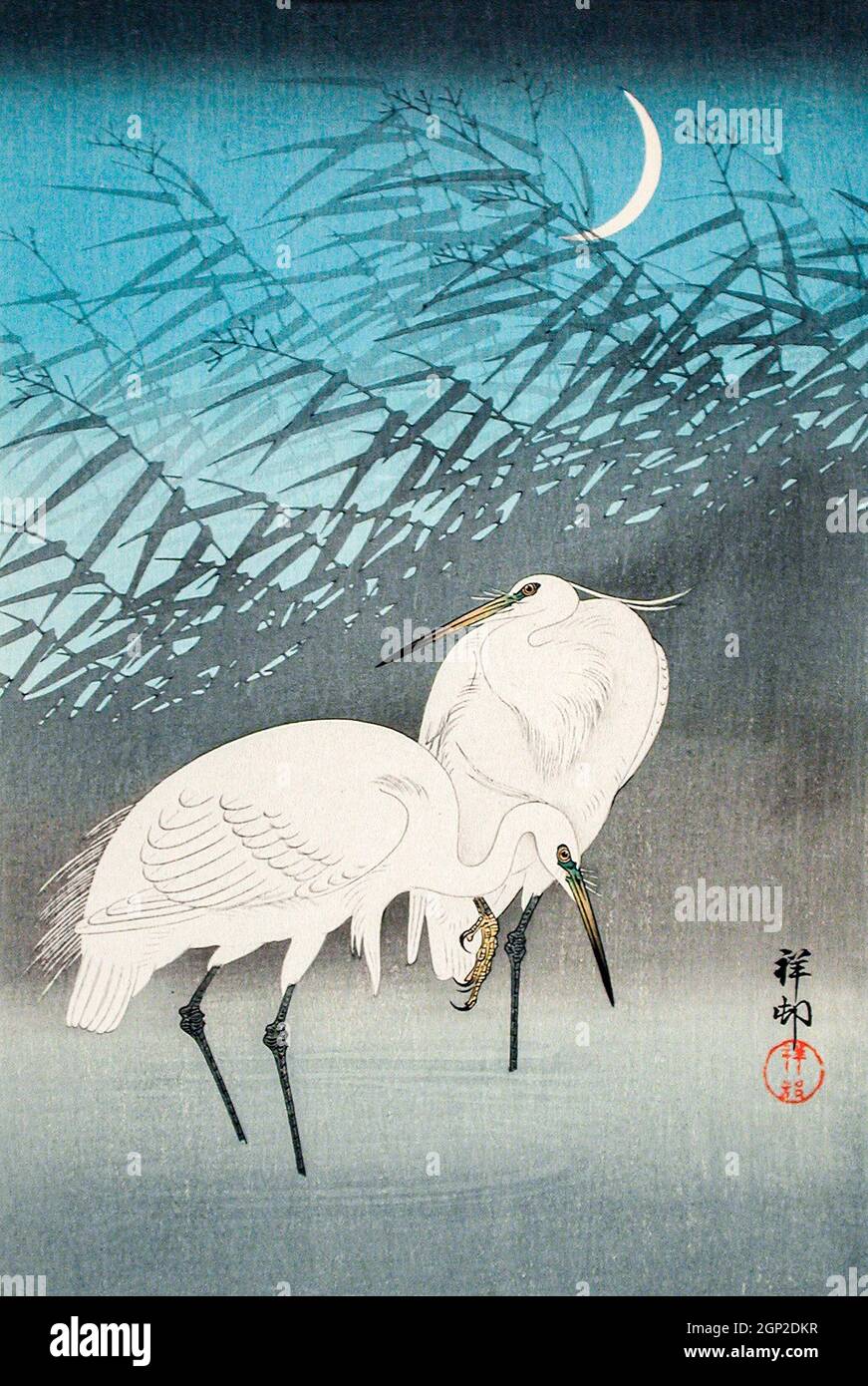 Egrets and Reeds in Moonlight (1926) von Ohara Koson. Stockfoto