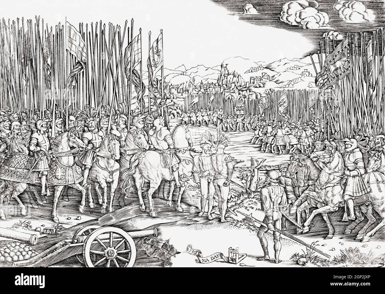 Die Schlacht von Ravenna, 11. April 1512 während des Krieges der Liga von Cambrai, oder Krieg der Heiligen Liga. Die Armee der päpstlichen Staaten und Spaniens, die Ravenna verteidigen (rechts), und die Armee Frankreichs und des Herzogtums Ferrara (links). Nach einer Arbeit aus dem 16. Jahrhundert. Stockfoto