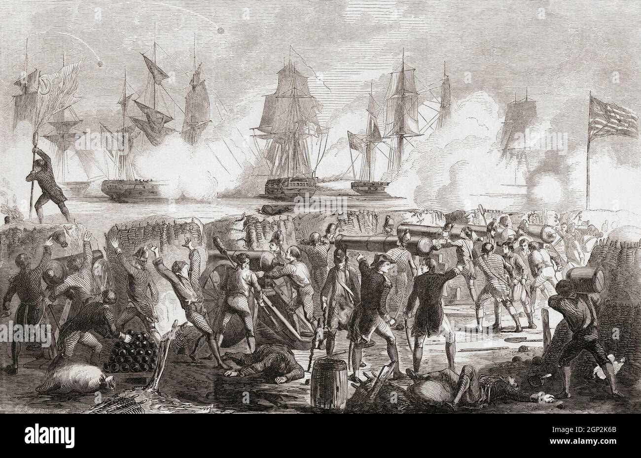 Der Angriff auf Fort Moltrie, Sullivans Insel, South Carolina, am 28. Juni 1776 während der amerikanischen Revolution. Das Fort, damals Fort Sullivan genannt, wurde zur Verteidigung von Charleston, South Carolina, erbaut, aber nur teilweise fertiggestellt, als neun britische Kriegsschiffe Angriffen. Die Festung widerstand jedoch ihrem Bombardement und wurde gezwungen, sich unter schwerem Verteidigungsfeuer zurückzuziehen. Der Kommandant der Festung während der Schlacht war William Moltyre und die Festung wurde später in seiner Ehre umbenannt. Stockfoto