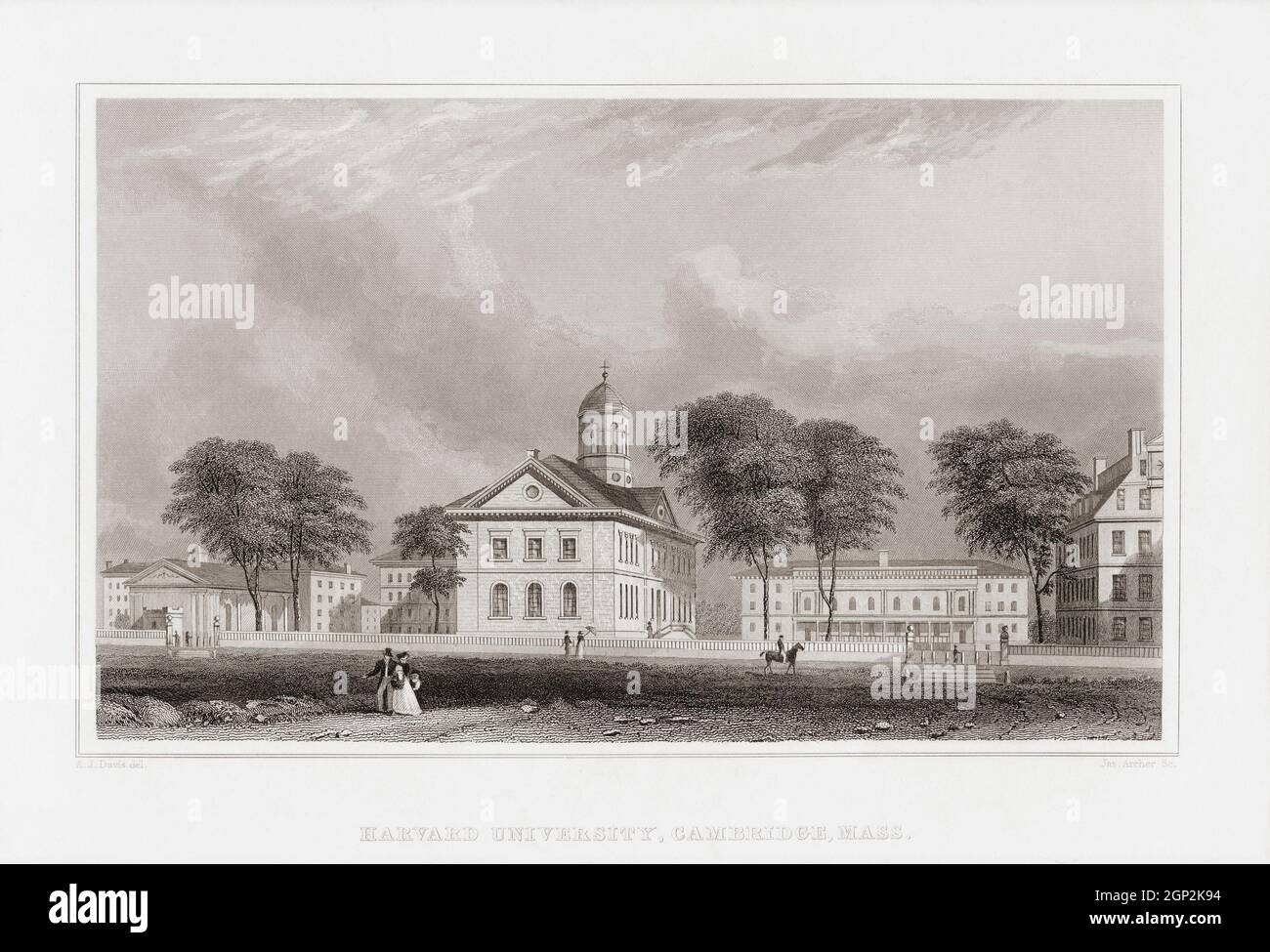 Außenansicht der Harvard University, Cambridge, Massachusetts, USA. Nach einem Stich von James Archer aus dem 19. Jahrhundert nach einem Werk von Alexander Davis. Diese Weltklasse-Universität, die älteste in den USA, wurde 1636 gegründet, als sie als Harvard College bekannt war. Unter seinen Alumni kann es acht Präsidenten der Vereinigten Staaten zählen, und seine Alumni, Mitarbeiter oder Mitarbeiter haben 161 Nobelpreise gewonnen. Stockfoto