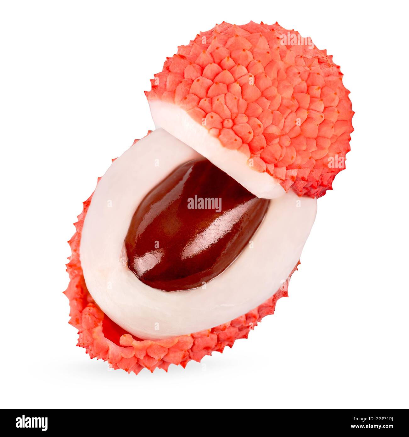 Isolierte Litschis. Eine ganze reife Litschi Frucht isolieren auf weißem Hintergrund mit Clipping-Pfad für Paket-Design. Volle Schärfentiefe. Gesundes Essen Stockfoto