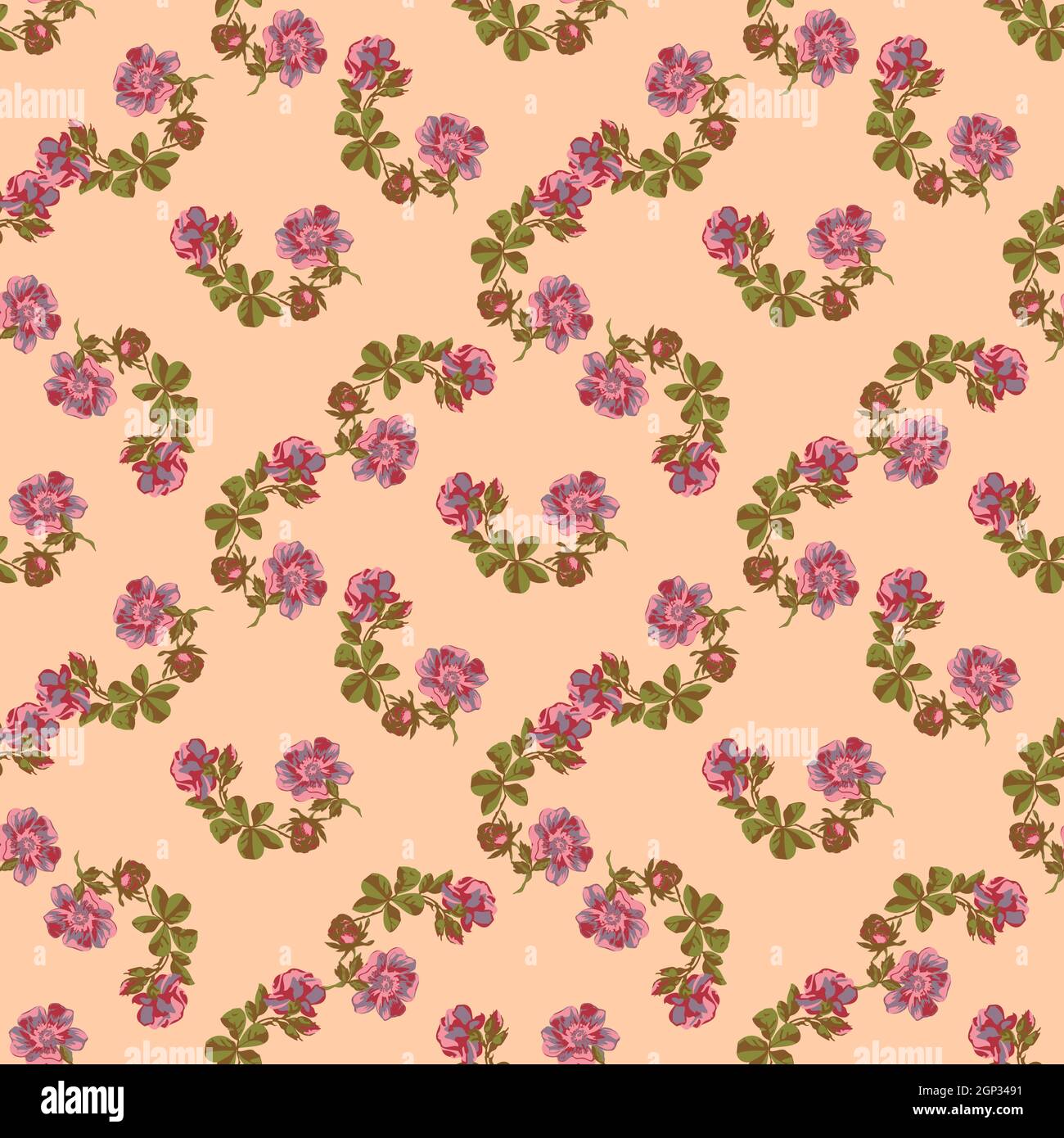 Hand gezeichnet Blumen Rosen Zweig, Blätter nahtlose Muster abstrakt Hintergrund Tapete. Linienkunst botanische Illustration. Florale Wandkunst Vektor-Illustration in trendigen Farben pastellrosa Grafik-Design Stock Vektor