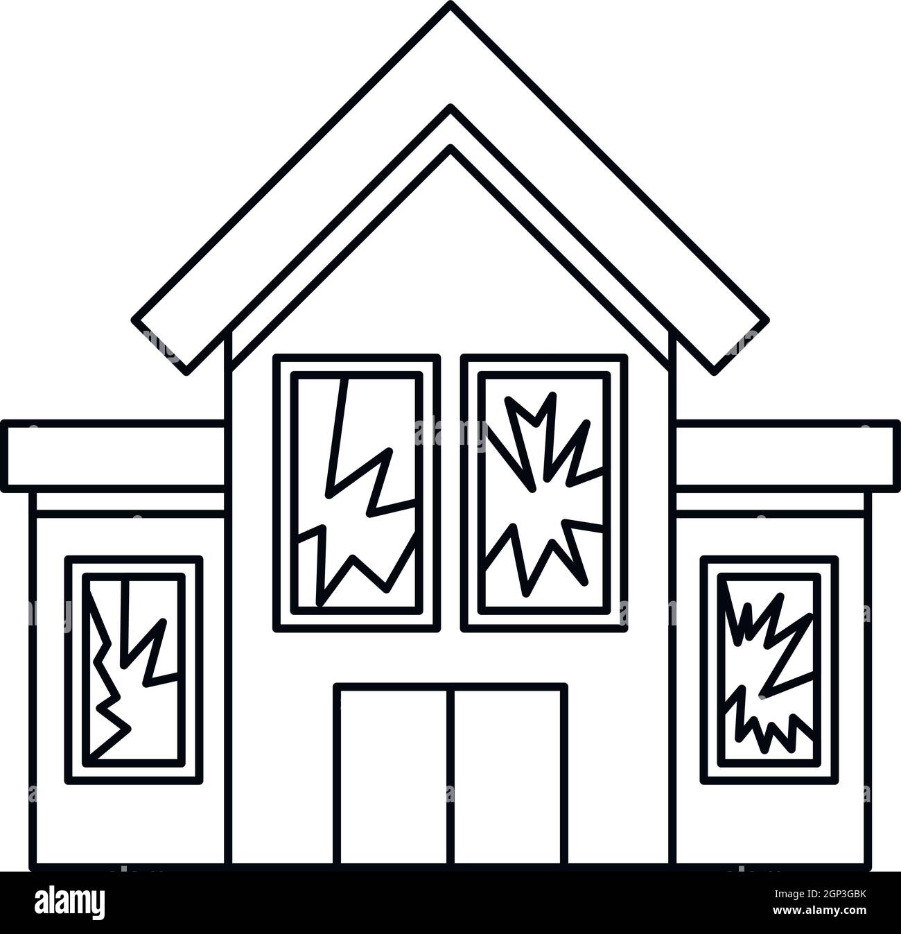 Haus mit zerbrochenen Fensterscheiben Symbol, Umriss-Stil Stock Vektor