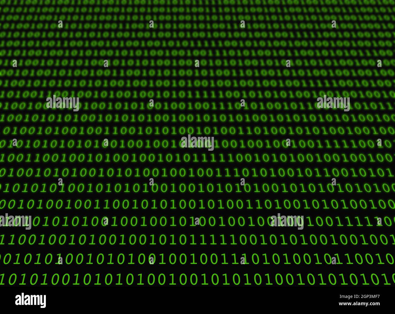 Datenbildschirm mit Binärcode auf schwarzem Hintergrund Stockfoto
