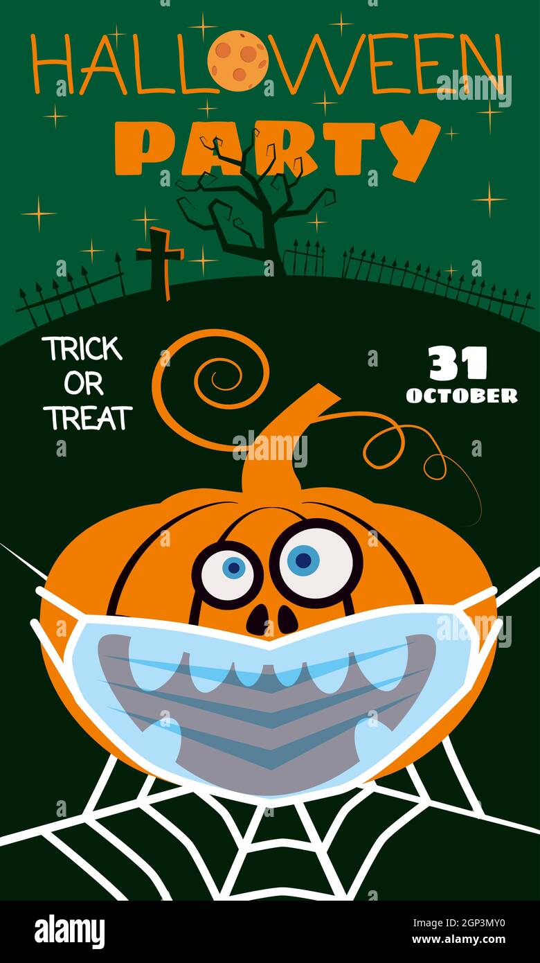 Halloween Kürbis trägt medizinische Gesichtsmaske von Coronavirus während der Quarantäne, auf Spinnennetz Friedhof Herbstferien Allerheiligen. Posterbegrüßung Stock Vektor