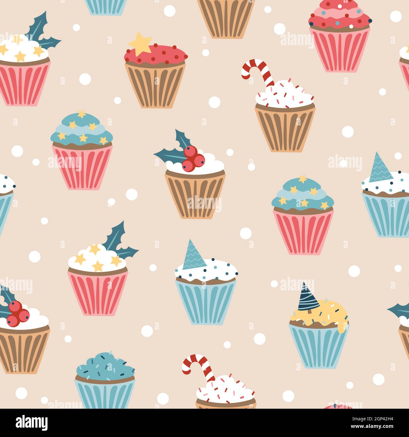 Neujahrs-Cupcake. Nahtloses Muster. Weihnachts-Set aus Cupcakes und Muffins, Vektorgrafik in Pastellfarben Stock Vektor
