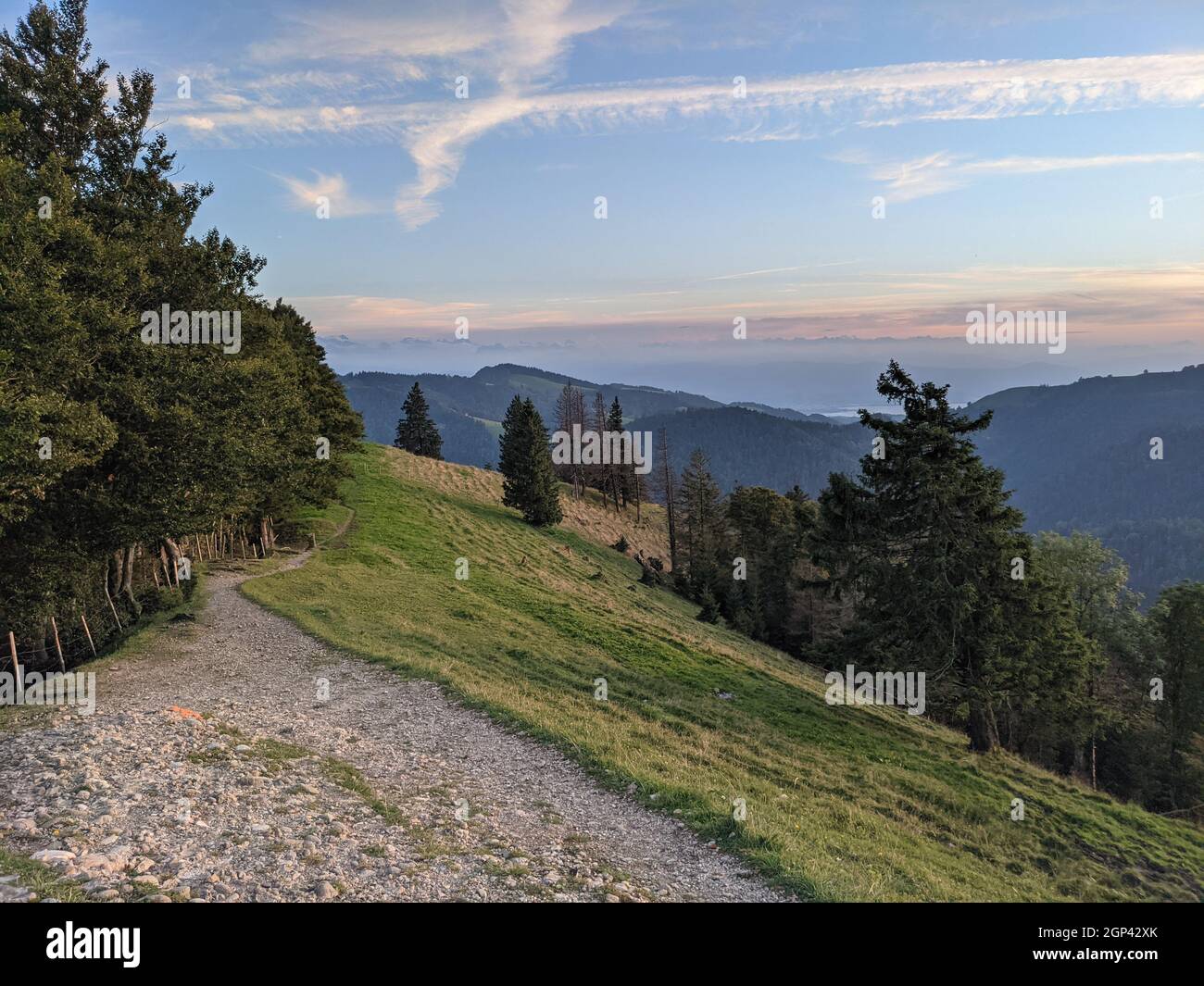 Wanderweg zum Schnebelhorn im zürcher oberland bei fischenthal. Abendstimmung auf einem schweizer Hügel. Wolken blauer Himmel Stockfoto