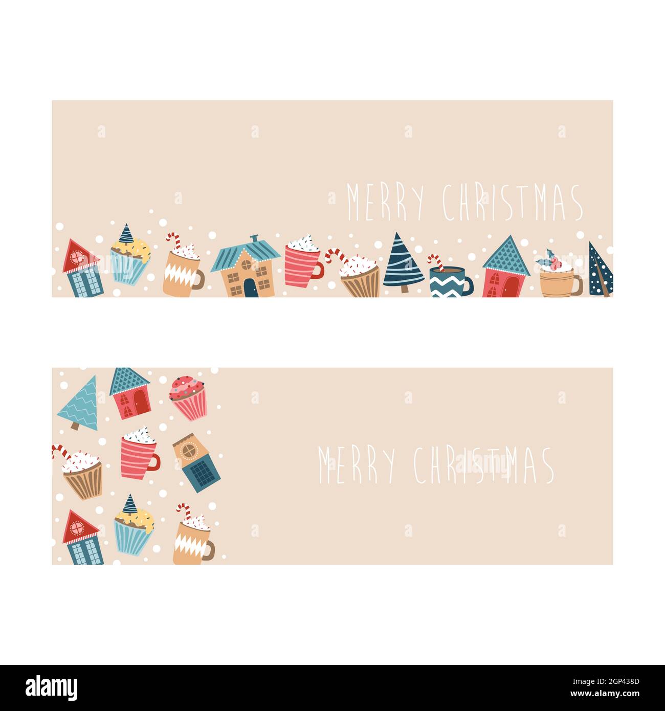 Frohe Weihnachten und Neujahrskarte. Handgezeichnetes Pastell-Design für Poster, Party-Einladung, Broschüre oder Flyer-Vorlage Stock Vektor