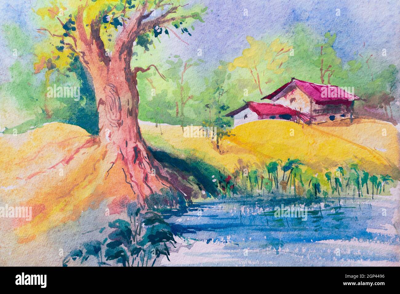 Farbenfrohe Aquarellmalerei des ländlichen indischen Dorfes. Zwei Häuser, ein großer Baum neben einem Teich mit blauem Himmel im Hintergrund. Indische Aquarellhand Stockfoto