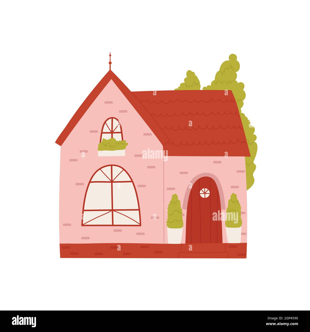 Nettes rosa Haus, Wohnung im Sommer Dorf oder Stadt Vektor Illustration. Cartoon lustige kleine Fassade von Haus Gebäude Hütte mit rotem Dach und Tür, Fenster isoliert auf weiß Stock Vektor