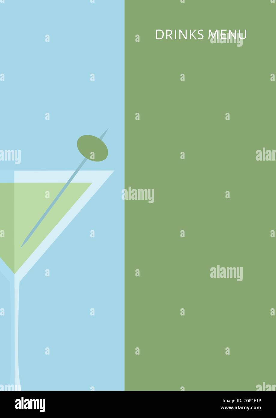 Zusammensetzung des Menütextes für Getränke und des Getränkesymbols auf blauem und grünem Hintergrund Stockfoto
