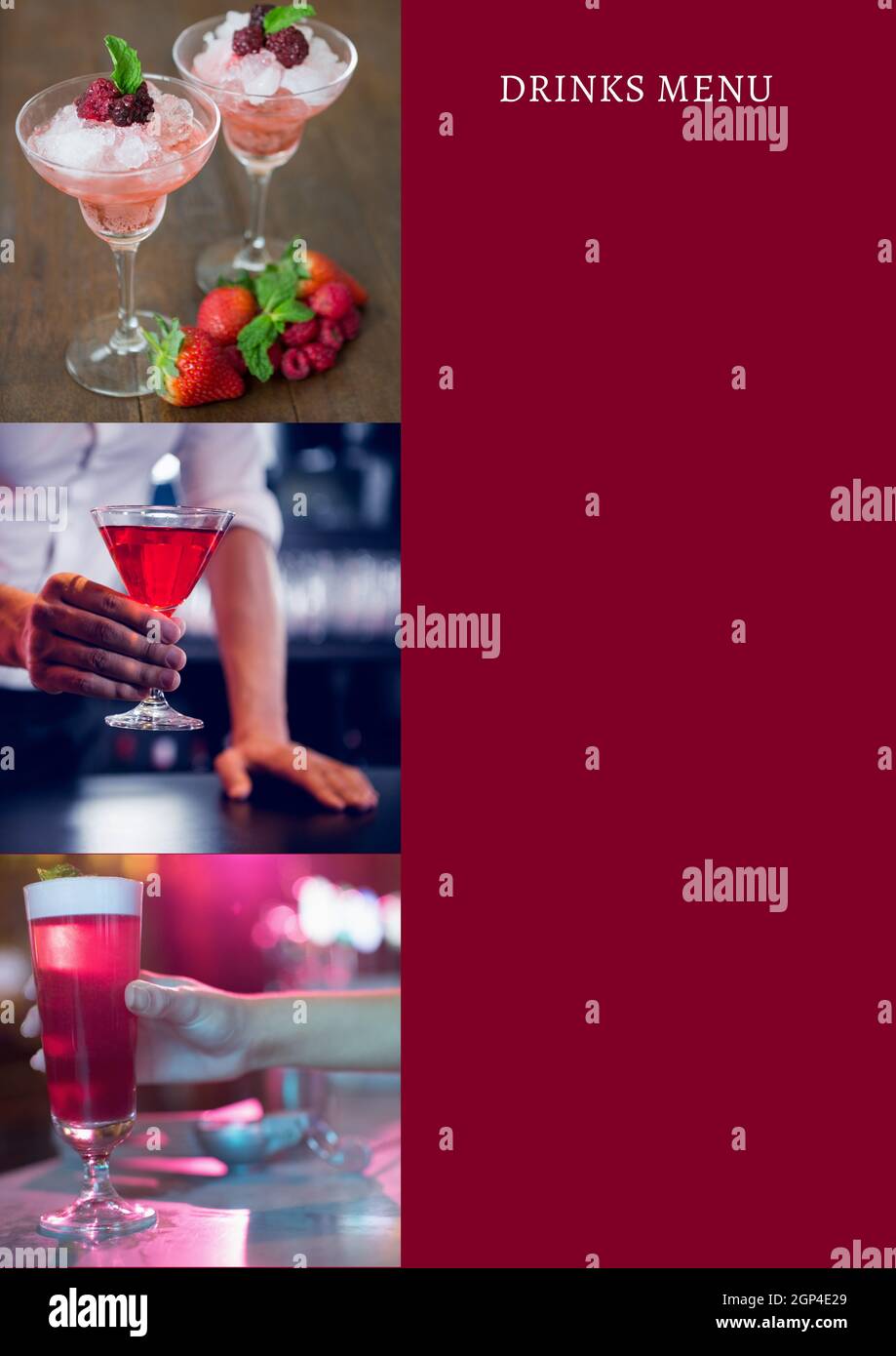 Komposition von Getränken, Menütext und Cocktails in der Bar auf rotem Hintergrund Stockfoto