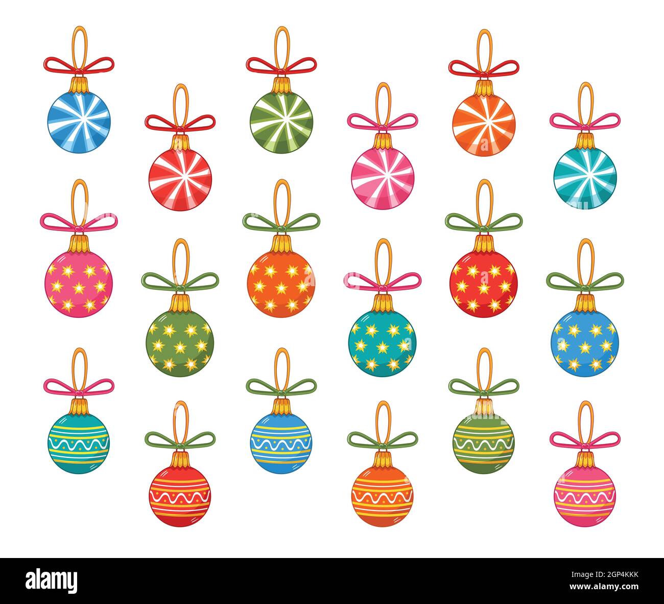 Weihnachtliche bunte Kugeln, Glas dekorative Baum Spielzeug Icon-Set. Dekoration zu Weihnachten oder Neujahr. Runde Kugeln mit Ornament, Schleifen. Vektor Stock Vektor
