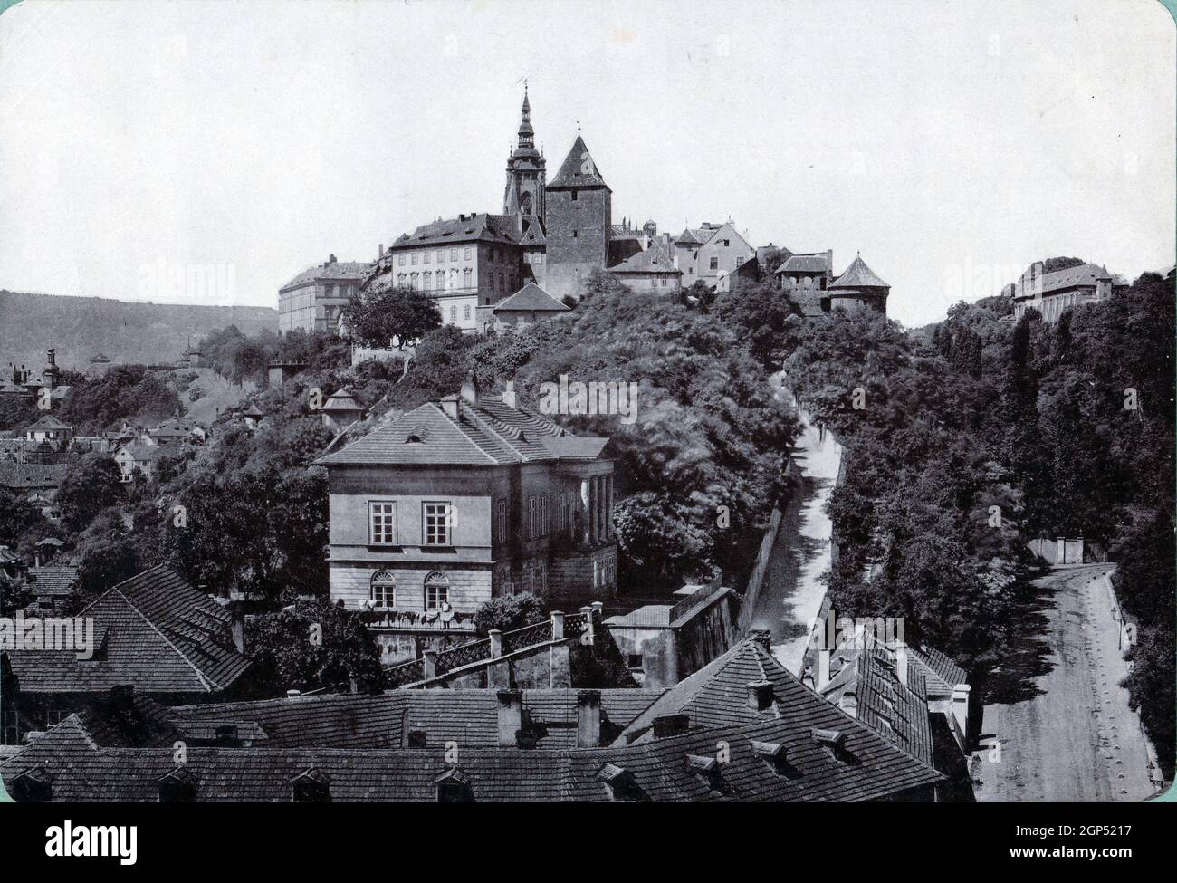 Prag Prague Hradschin Hradčany, Schwarz-Weiß Photographie um 1900, Blick von unten Stockfoto