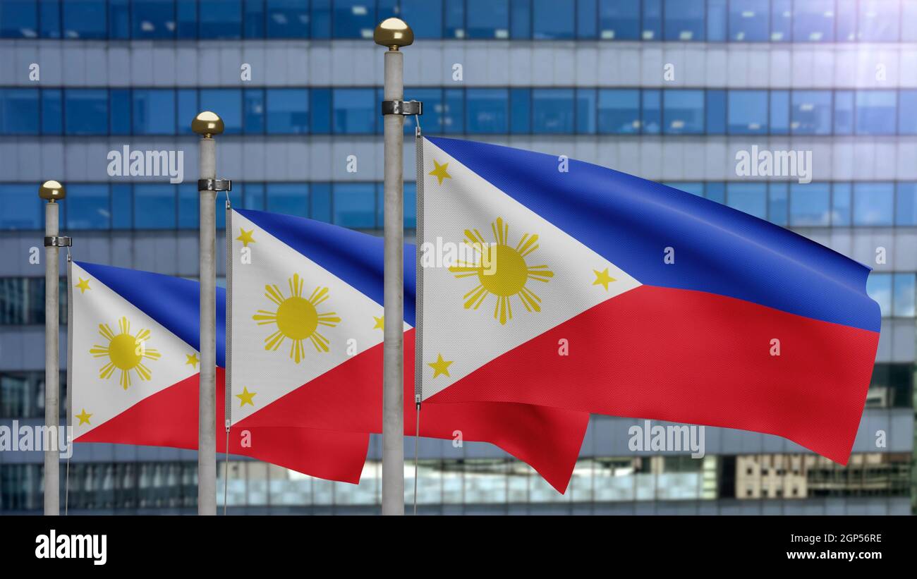 3D, Philippin Flagge winkt auf Wind mit modernen Wolkenkratzer Stadt. Philippinisches Banner bläst weiche Seide. Stoff Stoff Textur Fähnrich Hintergrund. Verwenden Sie es für Stockfoto