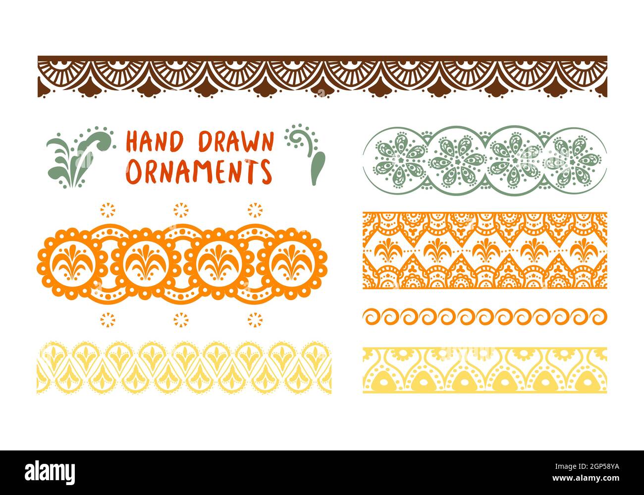 Set von handgezeichnerischen Ornamenten. Folk Indian Muster für Design. Asiatisches dekoratives Element auf weißem Hintergrund isoliert. Stock Vektor