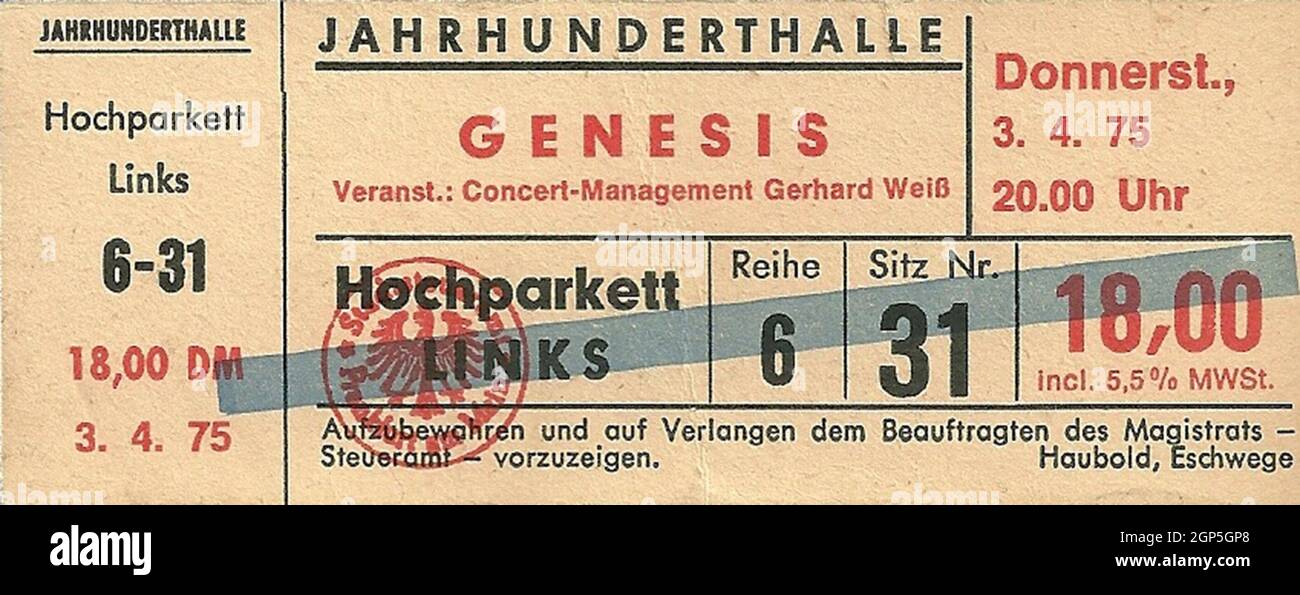 Die Progressive Rock-Gruppe Genesis Lamb liegt unten auf dem Broadway-Konzertticket, 1975, deutscher Veranstaltungsort, Frankfurt Stockfoto