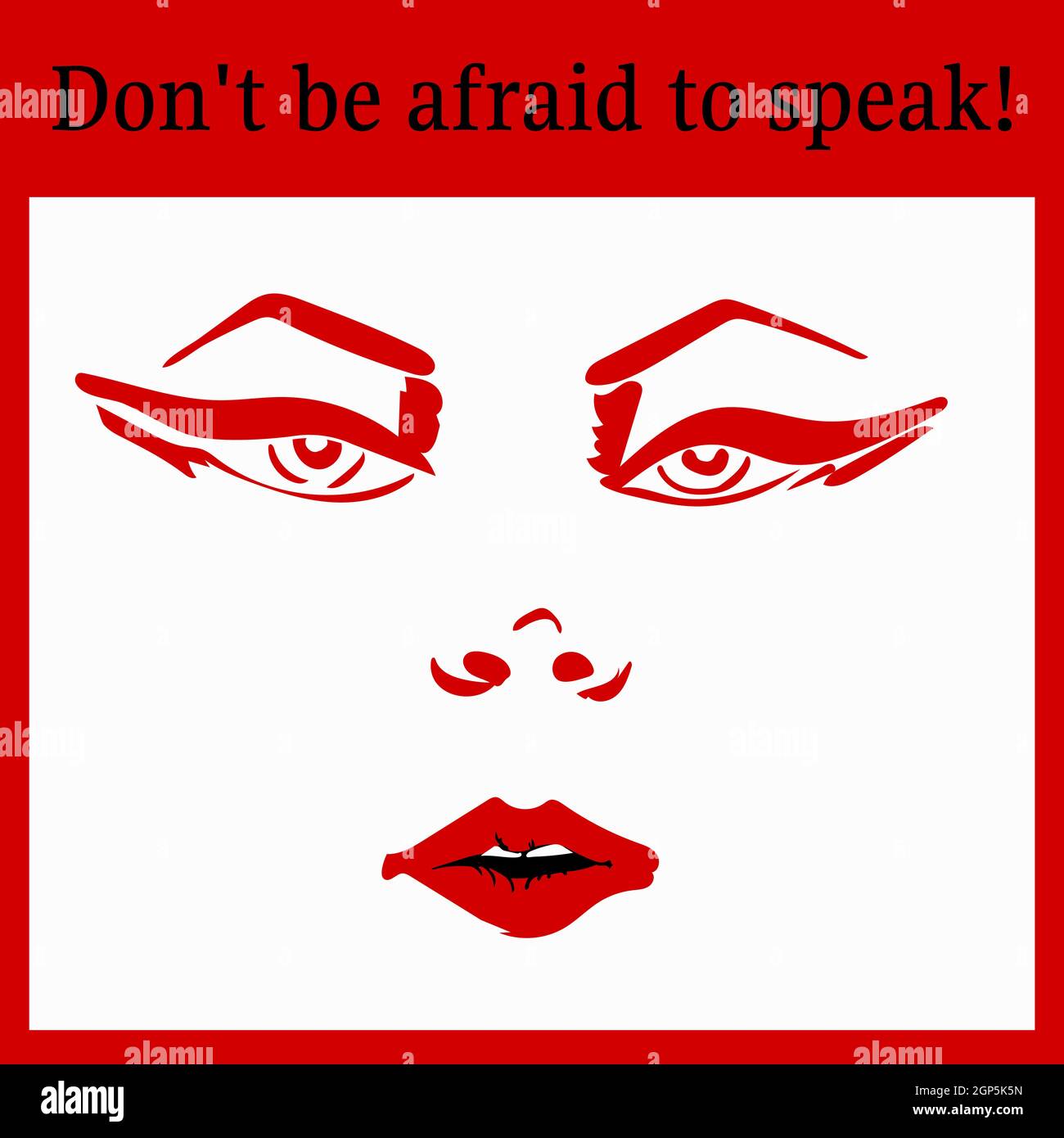 Anti-Gewalt-Poster. Scheuen Sie sich nicht zu sprechen. Vektor-Bild von einem Mädchen Gesicht mit Make-up mit Pfeilen und roten Lippen. Stock Vektor