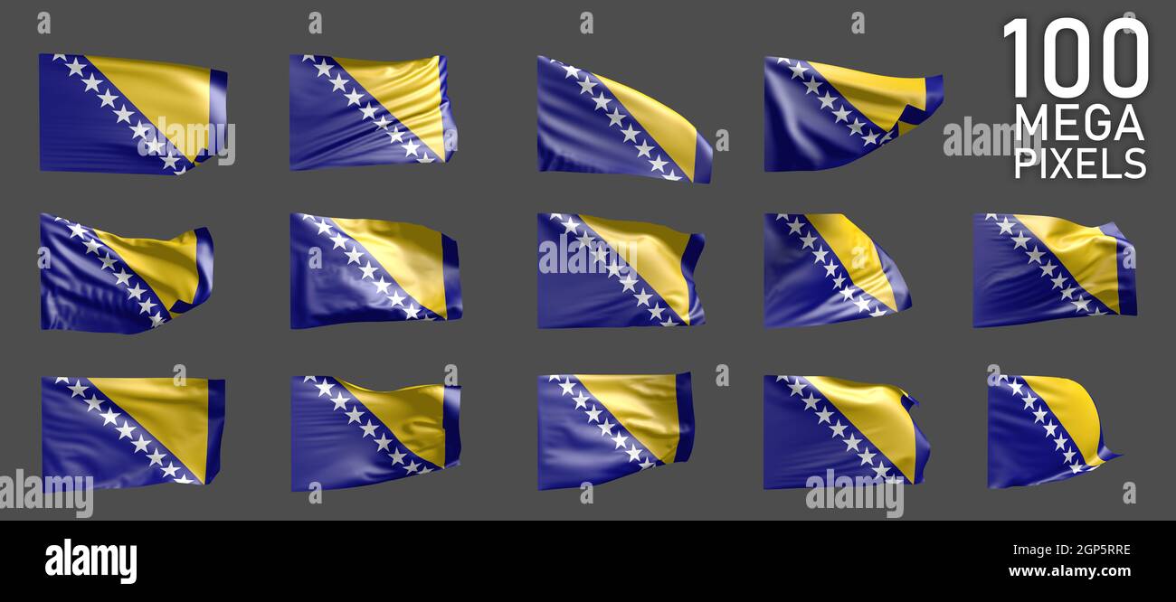 Viele verschiedene realistische Renderings von Bosnien und Herzegowina Flagge auf grauem Hintergrund isoliert - 3D-Darstellung des Objekts Stockfoto