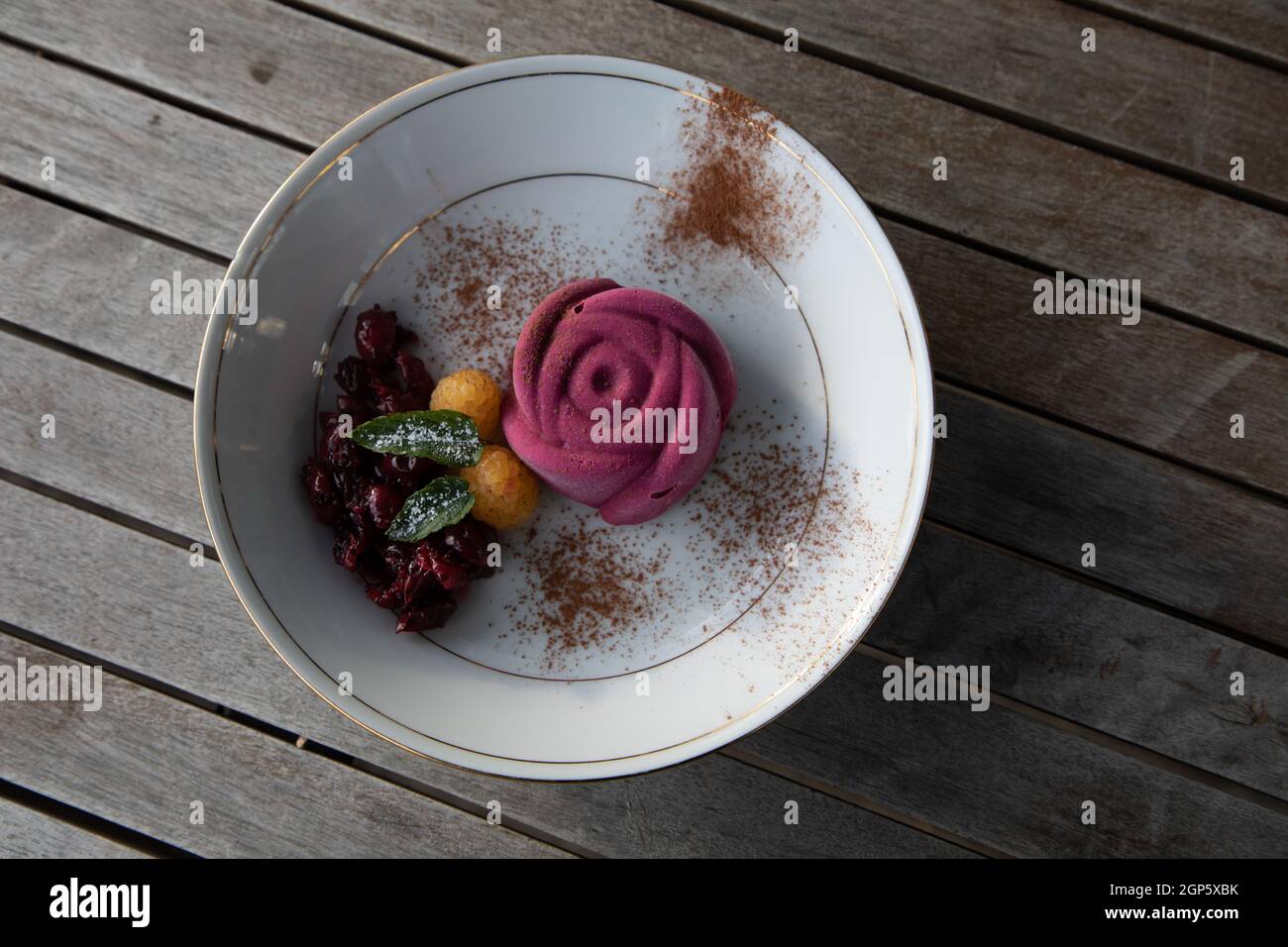 Eis aus Schokolade und Rote Beete, serviert mit Himbeeren aus Herbstgold, verzweigten schwarzen Johannisbeeren und Minzblättern, die mit Puderzucker und Kakao bestäubt sind Stockfoto