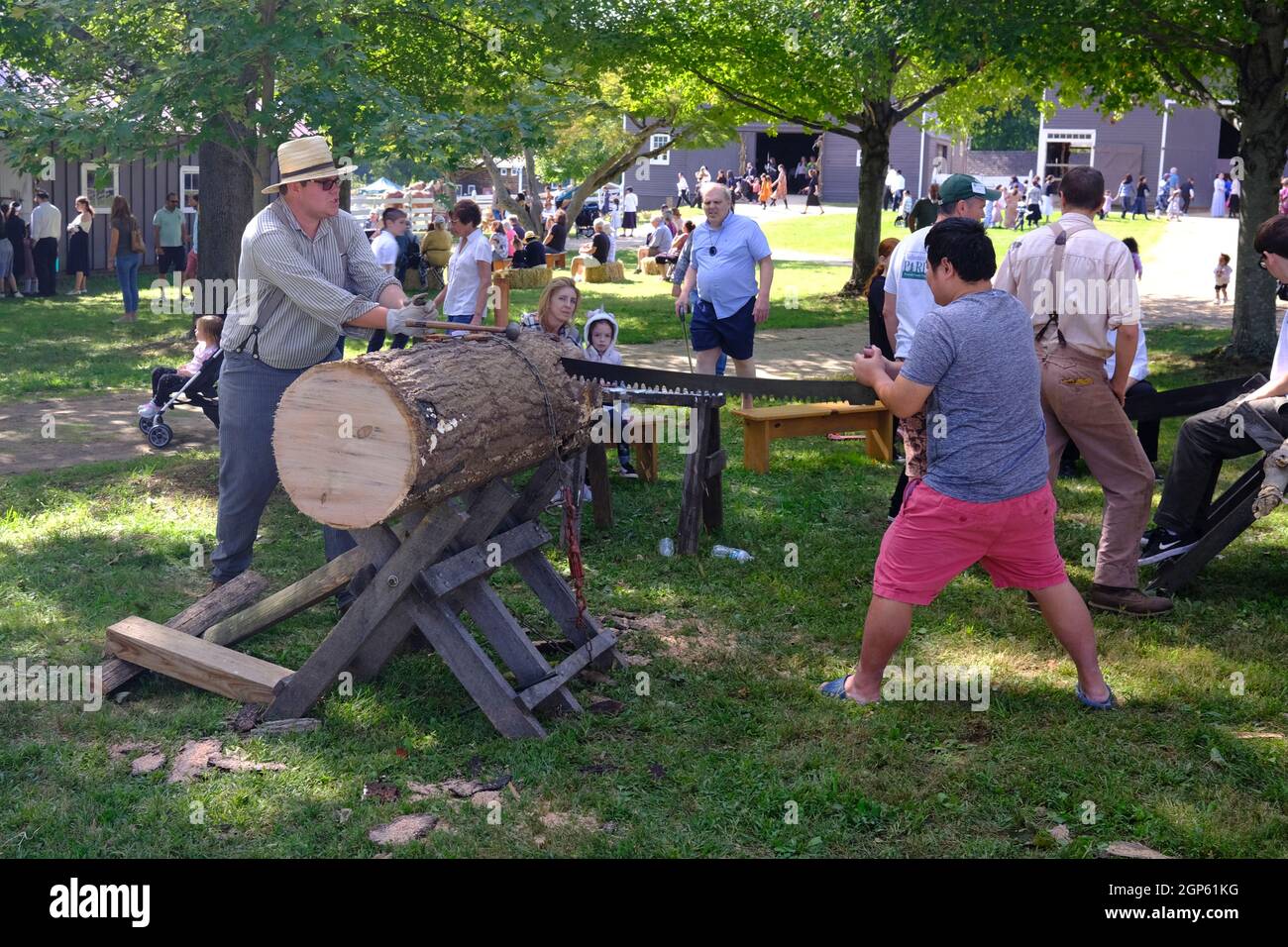 Alte Sägevorführung auf der Longstreet Farm im Holmdel Park in Holmdel, NJ Stockfoto