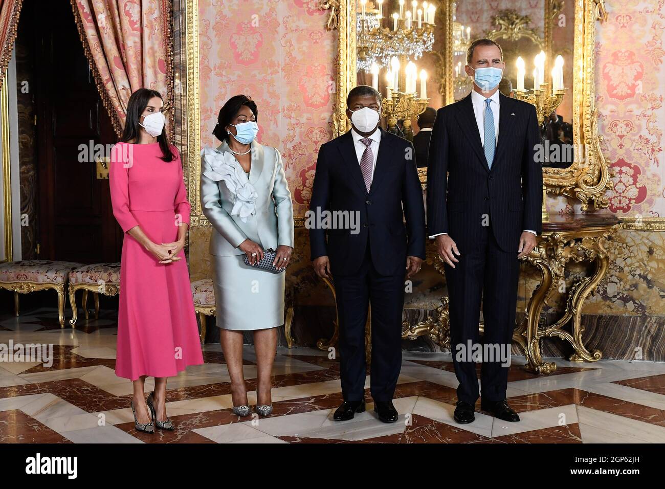 Madrid, Spanien. September 2021. König von Spanien, Königin Letizia von Spanien, Joao Manuel Gonçalves Lourenço, Ana Afonso Dias Lourenço, nehmen an einem Mittagessen mit dem Präsidenten von Angola im Königlichen Palast in Madrid Teil. Kredit: SOPA Images Limited/Alamy Live Nachrichten Stockfoto