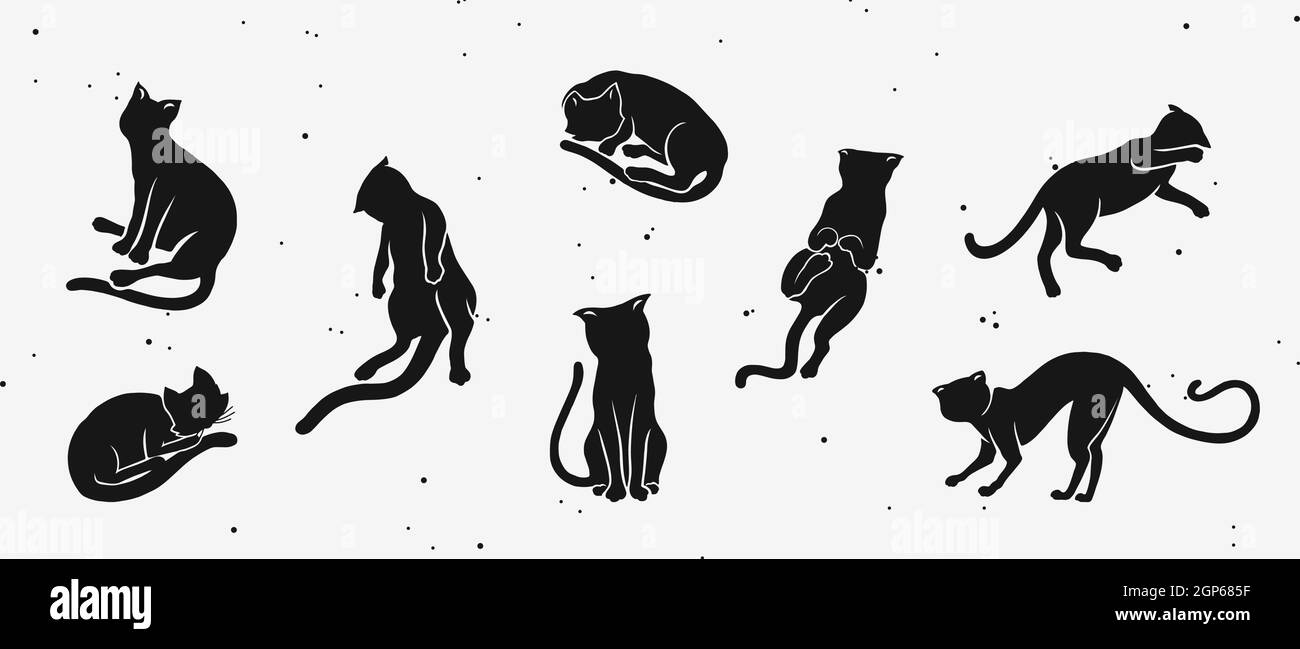 Silhouette der Katzen. Lustige Kritzelkätzchen in verschiedenen Posen für Logo, Print oder dekorative Aufkleber. Stock Vektor