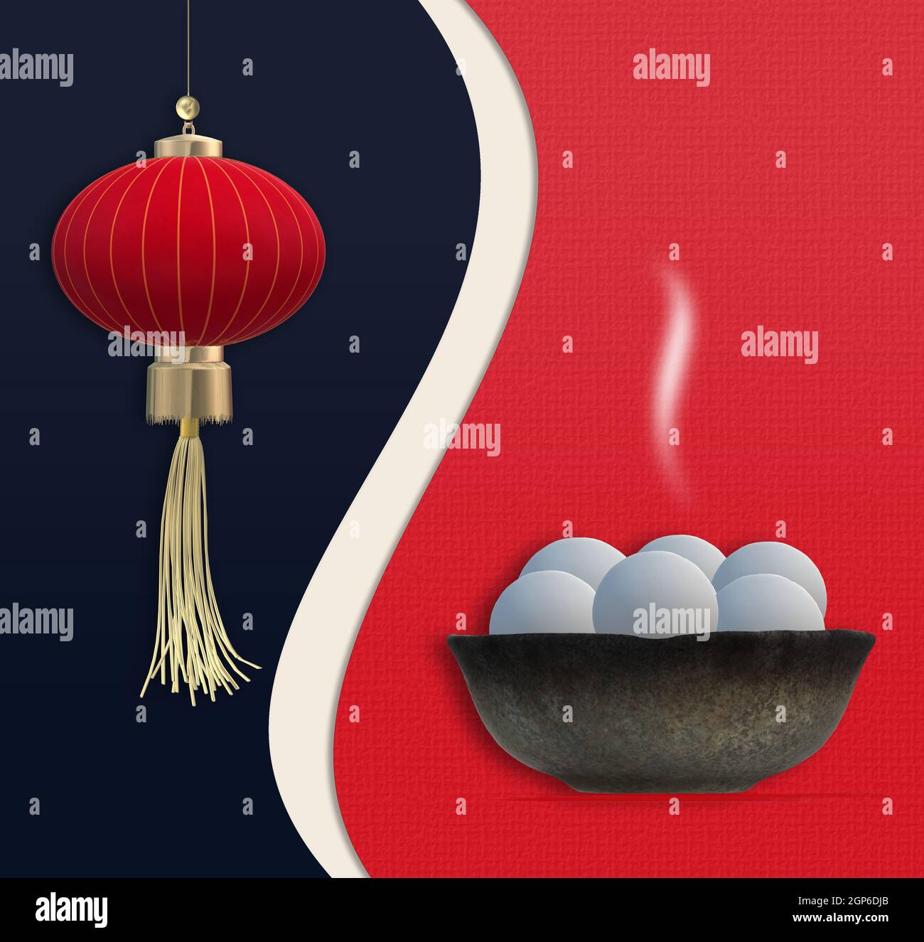 Chinesisches Laternenfest. Chinesisches Neujahr. Speiseknödel in Schüssel, asiatische Laterne. Vorlage für das chinesische Neujahrsfest Laterne. Kopie sp Stockfoto