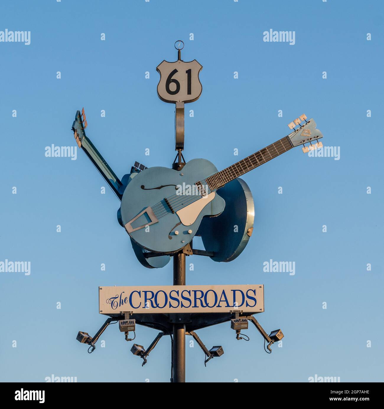 The Devil's Crossroads of Blues Highway 61 und Highway 49 in Clarksdale, Mississippi, wo der Musiker Robert Johnson angeblich seine Seele an Devil verkaufte. Stockfoto