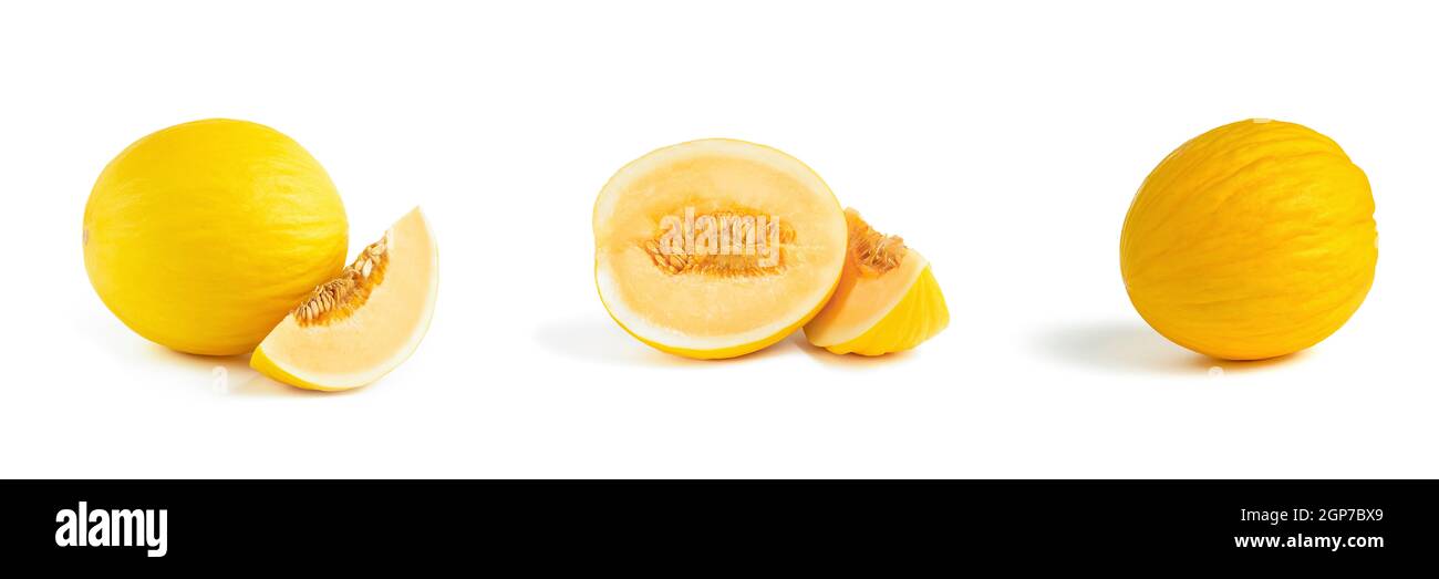 Melone Big Set auf weißem Hintergrund. Gelbe Melone auf einem weißen Isolat. Frisches, saftiges Stück Melone mit Schatten auf weißem Hintergrund. Zum Einsetzen in Stockfoto