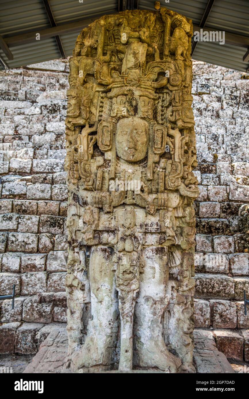 Stele N, in Tempel 11, Maya-Stätte, Copan, Honduras Stockfoto