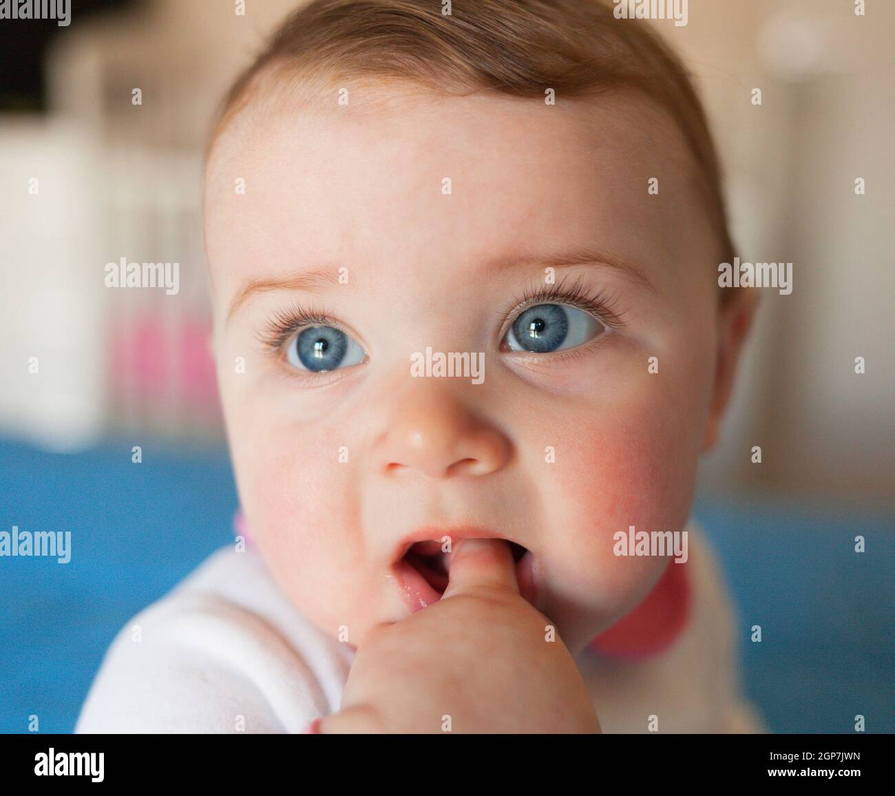 Acht Monate alten Babymädchen mit Finger im Mund. Kinderkrankheiten-Konzept. Stockfoto