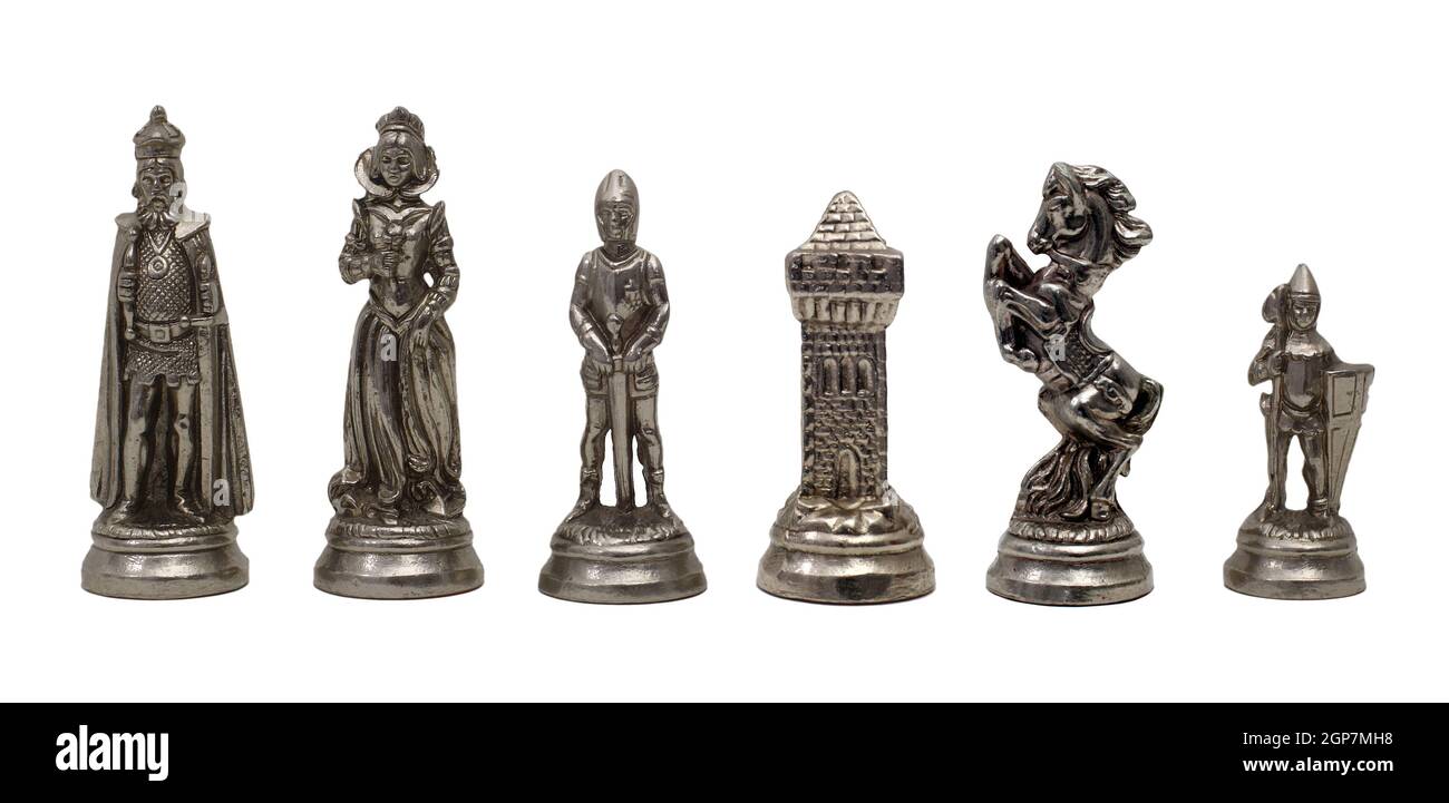 Schachfiguren auf einem weißen Hintergrund isoliert Stockfoto
