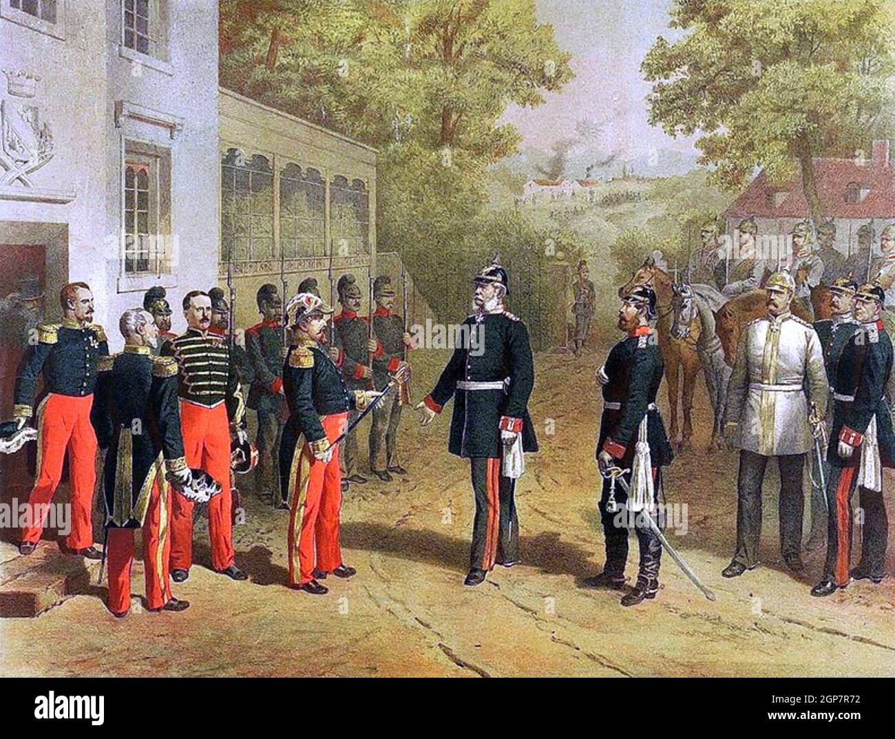 SCHLACHT VON SEDAN 1-2 SEPTEMBER 1870. Der französische Kaiser Napoleon III. Übergibt sein Schwert dem preußischen Kanzler Otto von Bismarck, der rechts vom preußischen König Wilhelm I. beobachtet wird Stockfoto