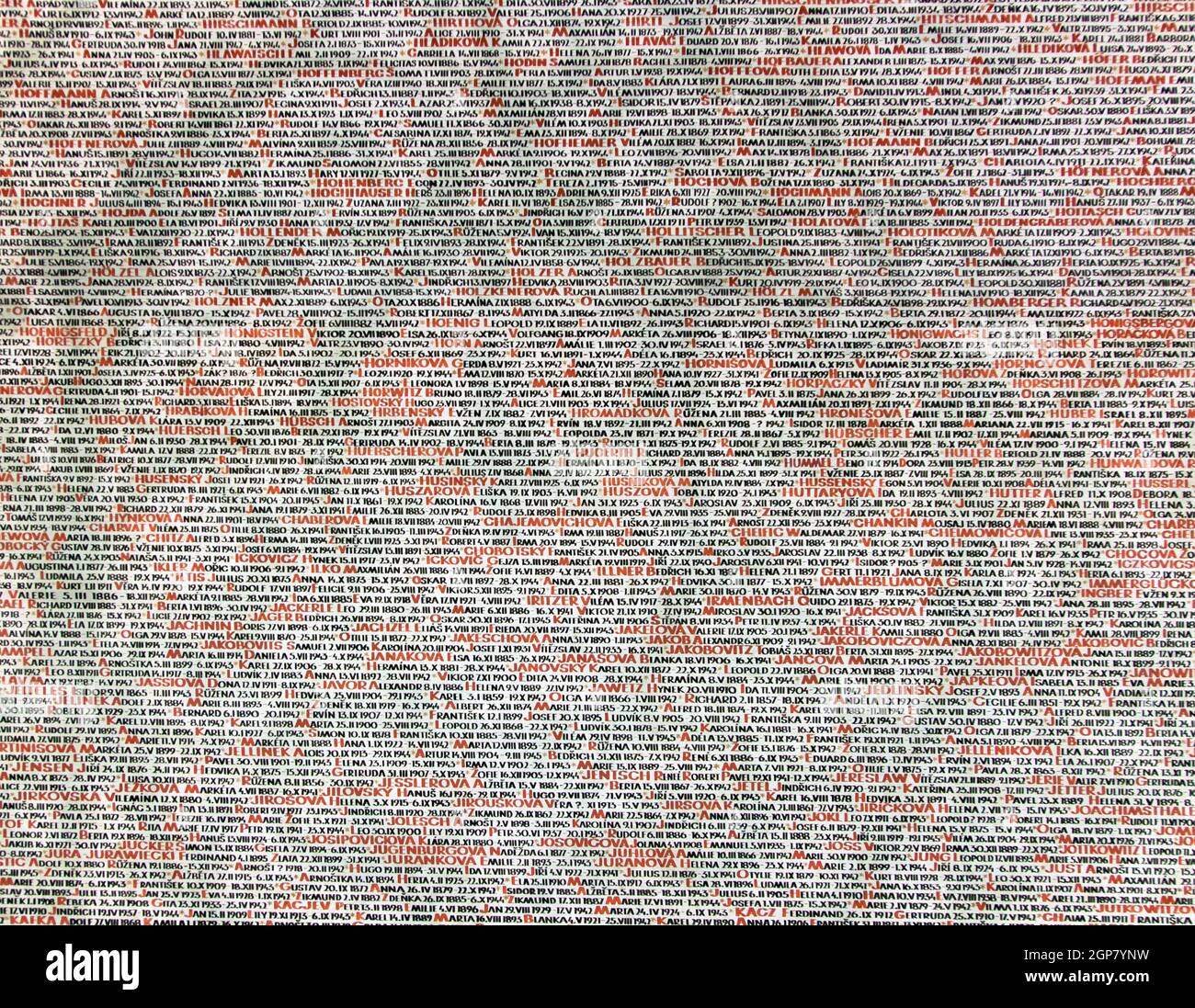 Die Namen der Juden getötet durch Nazi-Schriften auf dem Friedhof in Prag. Stockfoto